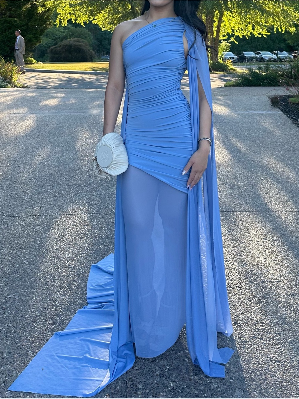 Meshki Periwinkle One-Shoulder Draped Evening Gown - Asher